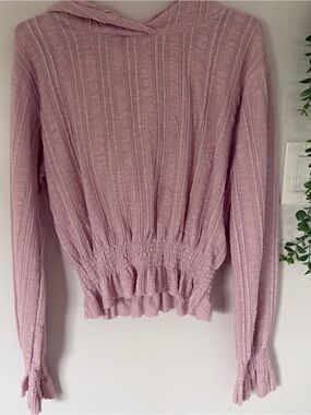 Free People FP Beach Smocked Crop Hoodie Ribbed Textured Dusty Pink S